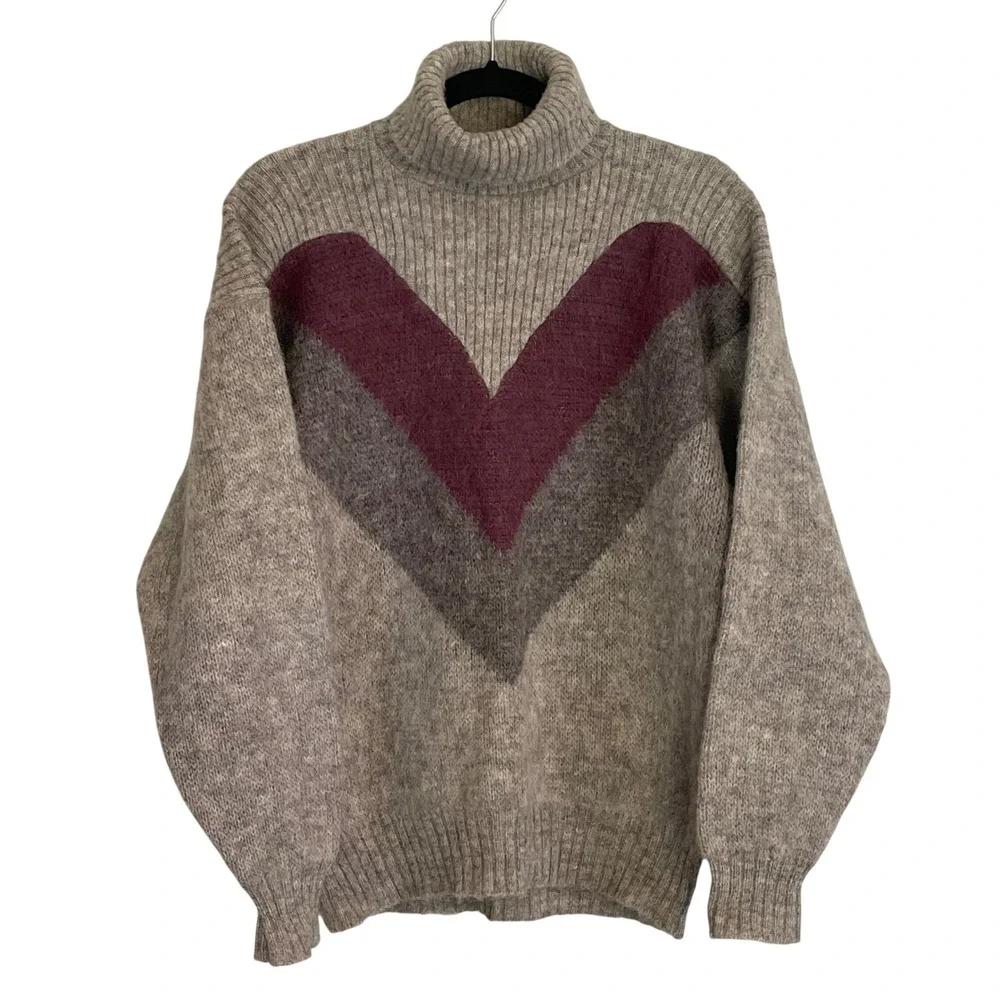 IceMart Vintage Icelandic‎ Wool Turtleneck Sweater Grey Burgundy Chevron Mens M
